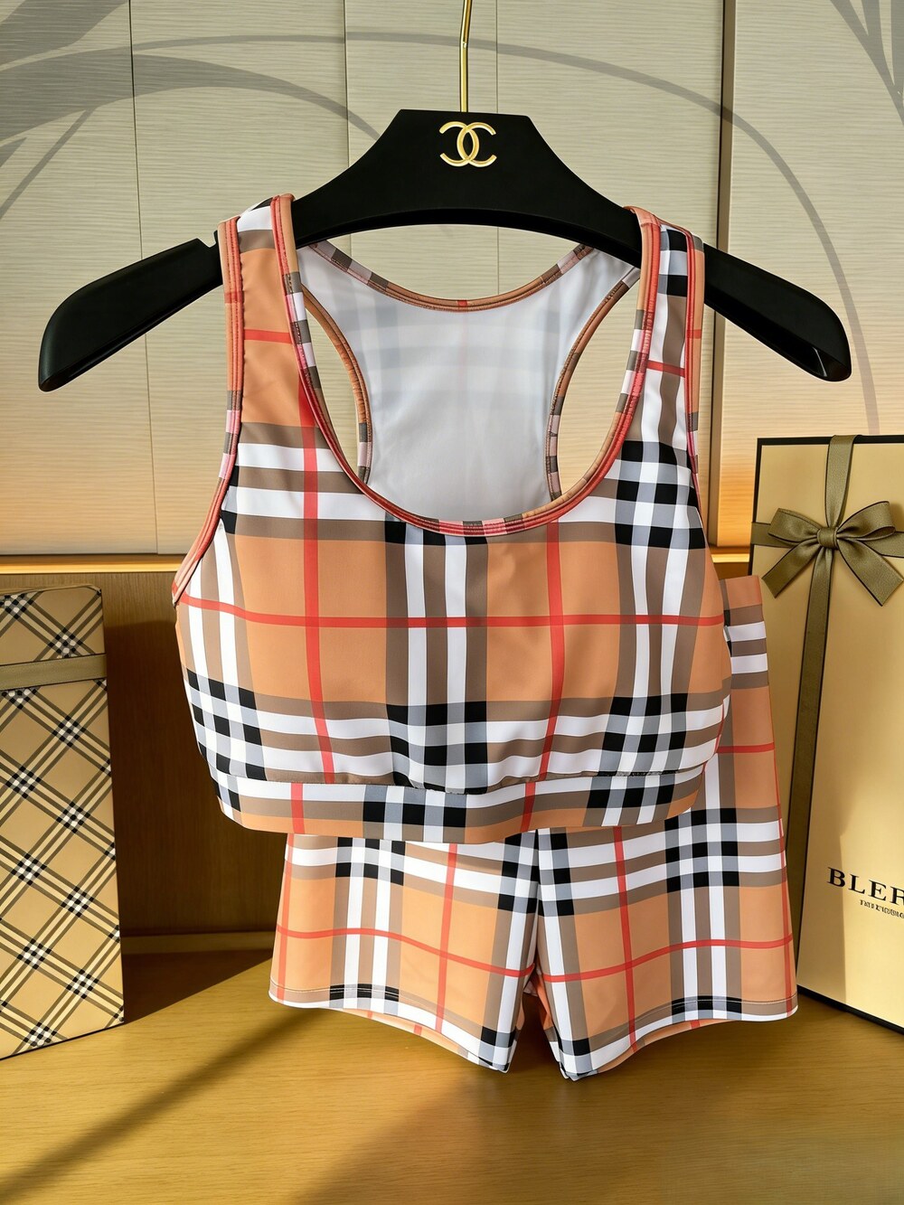 Burberry Plaid Two-Piece Athletic Swimsuit